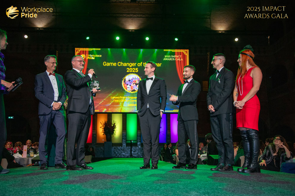 20251114-Timeline-Gala 2025 Impact Awards Gala Game Changer - Winners standing on stage with award